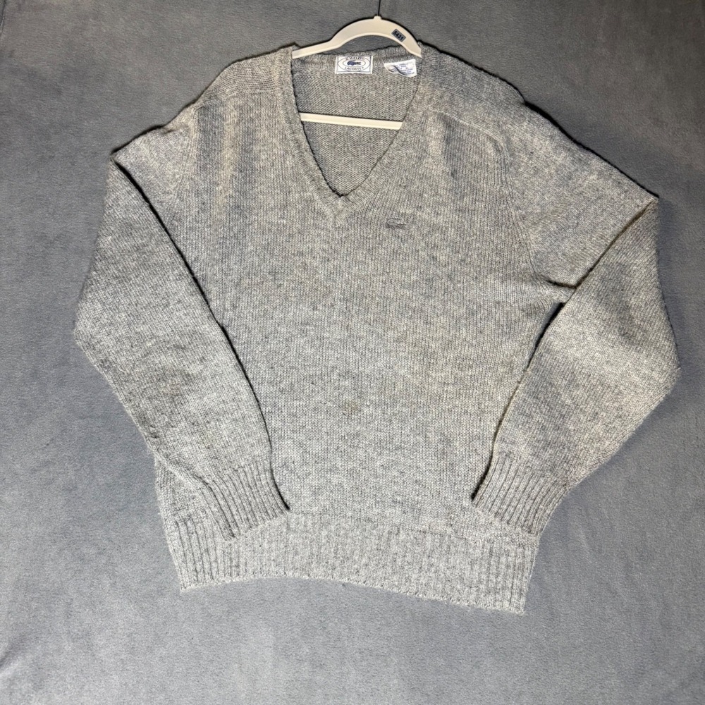 Vintage Izod Lacoste Mens XL Gray V-Neck Wool Blend Knit Sweater Crocodile Logo